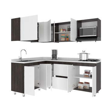 Cocina Integral en L Barn, Nogal Europeo y Blanco Duqueza, No incluye Mesón