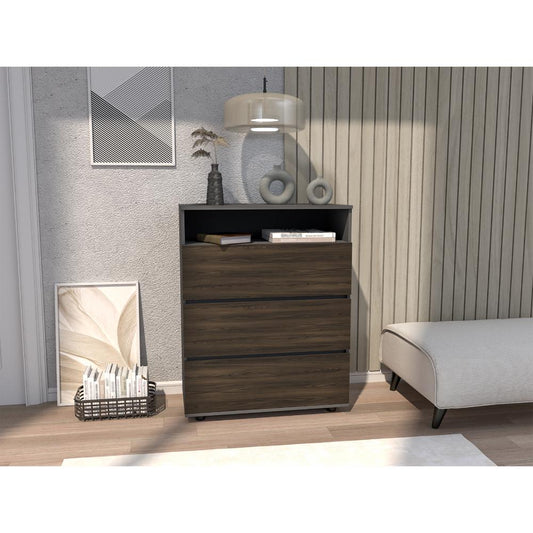 Organizador Houck, Plata Oscuro y Nogal Europeo, cuenta con 3 cajones para almacenar