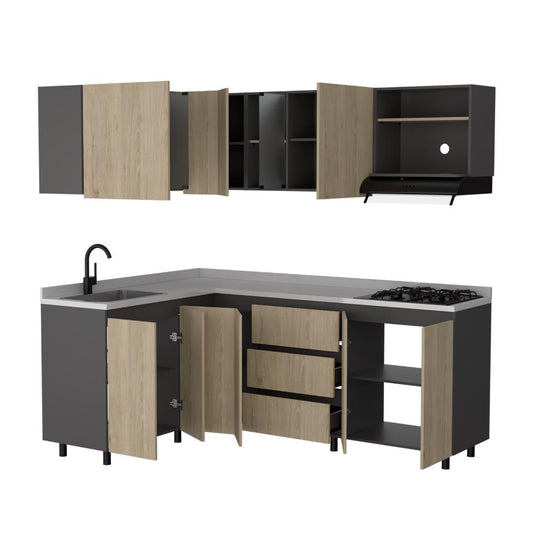 Cocina Integral en L Londres, Plata Oscuro y Beige, No incluye Mesón