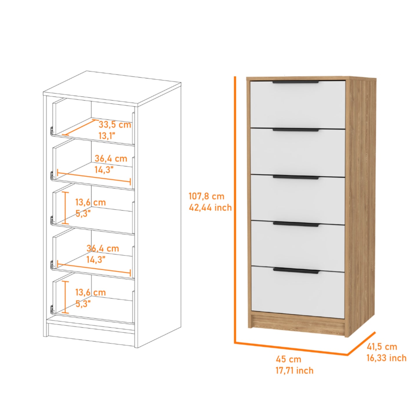 Comoda Cinco Cajones, FM Furniture 002C, Cafe Claro Y Blanco