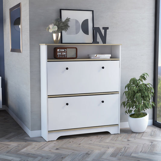 Comoda Zapatero Dos Puertas, FM Furniture 017B, Blanco Y Cafe Claro