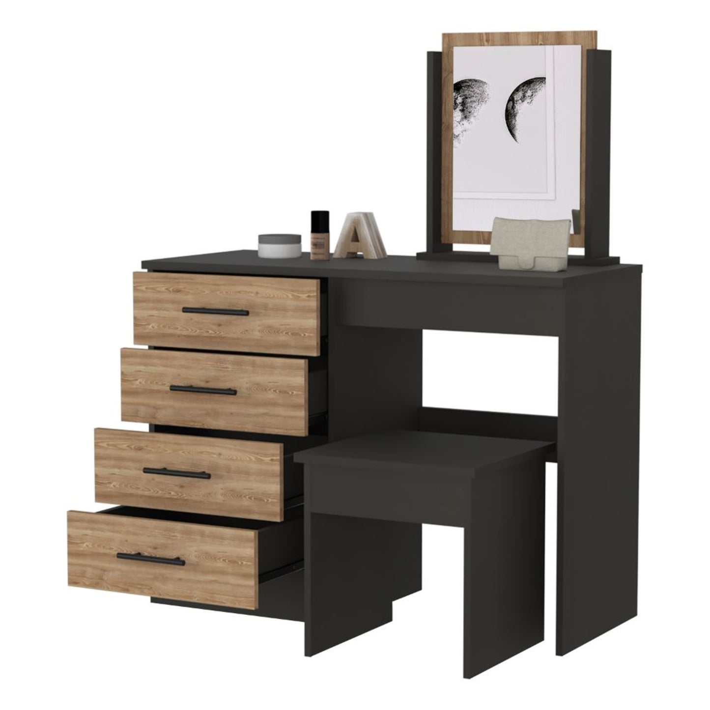 Mueble Tocador Con Espejo Y Cuatro Cajones , FM Furniture 001N, Negro