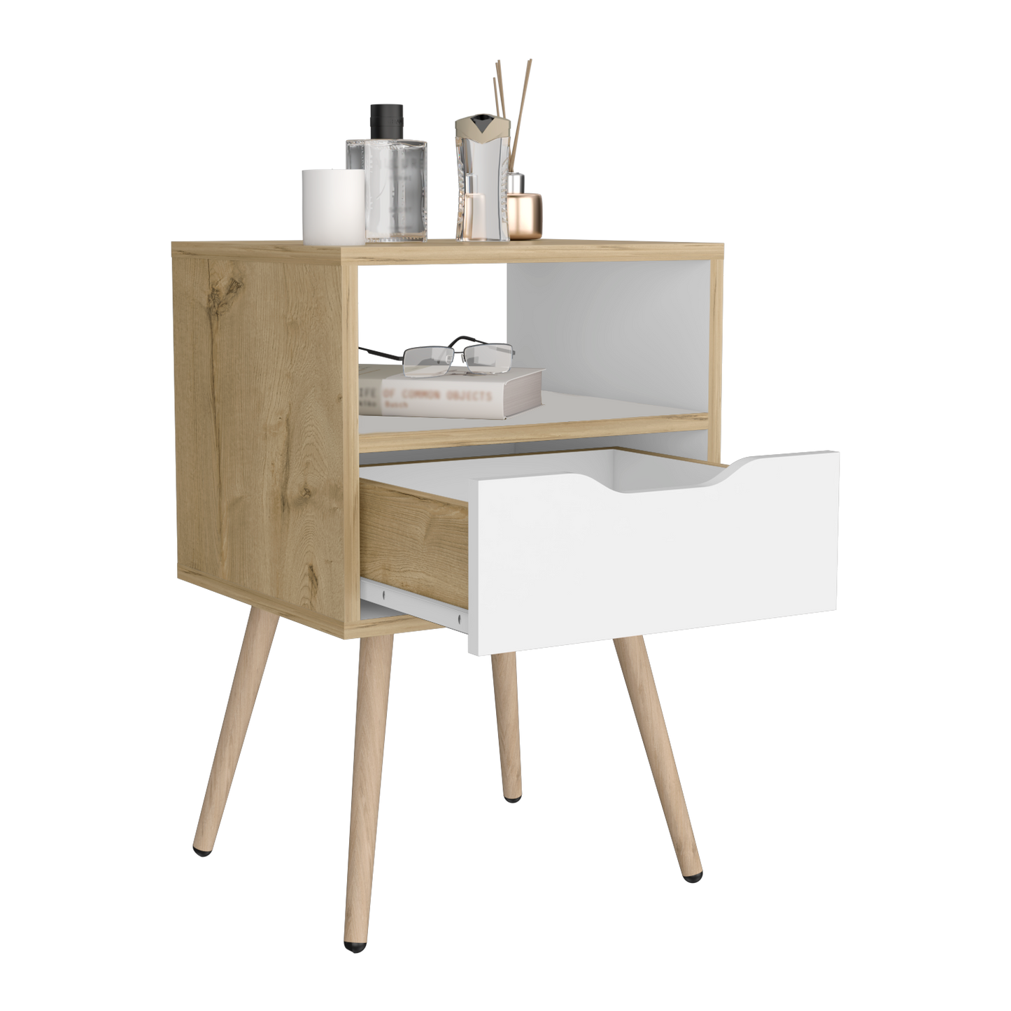 Velador Un Cajón, FM Furniture 015C, Café Claro Y Blanco