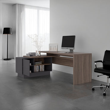 Escritorio En L Una Puerta - Repisas Office W-179, Avellana Y Plomo