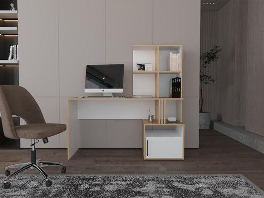 Escritorio Biblioteca Vanez, Blanco Duqueza y Fresno Europeo, con espacio para guardar objetos