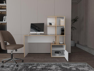 Escritorio Biblioteca Vanez, Blanco Duqueza y Fresno Europeo, con espacio para guardar objetos