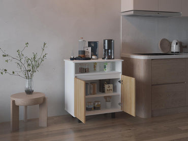 Mesa de Cocina Lona, Blanco Duqueza y Fresno Europeo, con 2 puertas abatibles y espacio para microondas