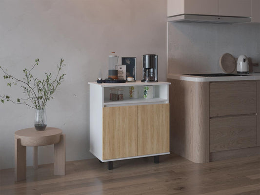 Mesa de Cocina Lona, Blanco Duqueza y Fresno Europeo, con 2 puertas abatibles y espacio para microondas