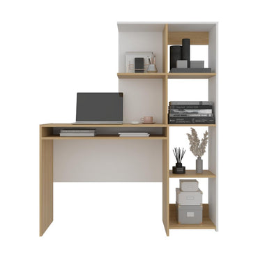 Escritorio Biblioteca Alister, Blanco Duqueza y Fresno Europeo, con multiples entrepaños y superficies para ubicar objetos