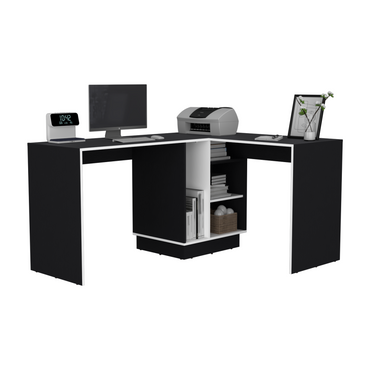 Escritorio En L Con Estantes Fm 028N Negro Y Blanco