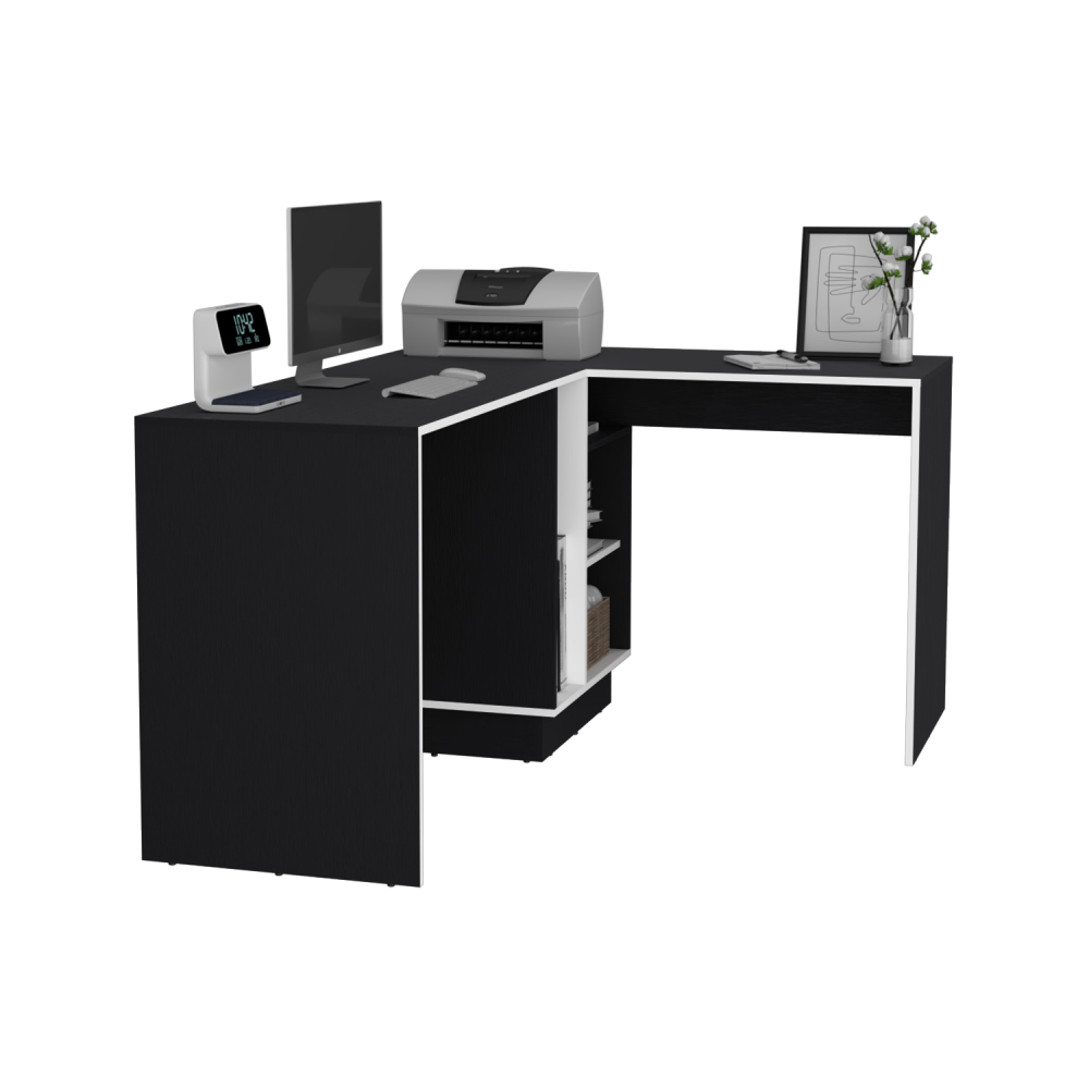 Escritorio En L Con Estantes Fm 028N Negro Y Blanco