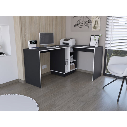 Escritorio En L Con Estantes Fm 028N Negro Y Blanco