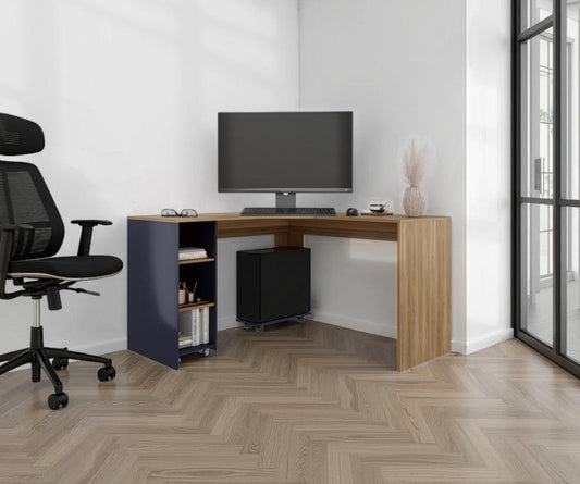 Escritorio En L Dafne, Fresno Europeo y Azul Kronos , con Dos Entrepaños y Base con Rodachinas Para Fácil Desplazamiento