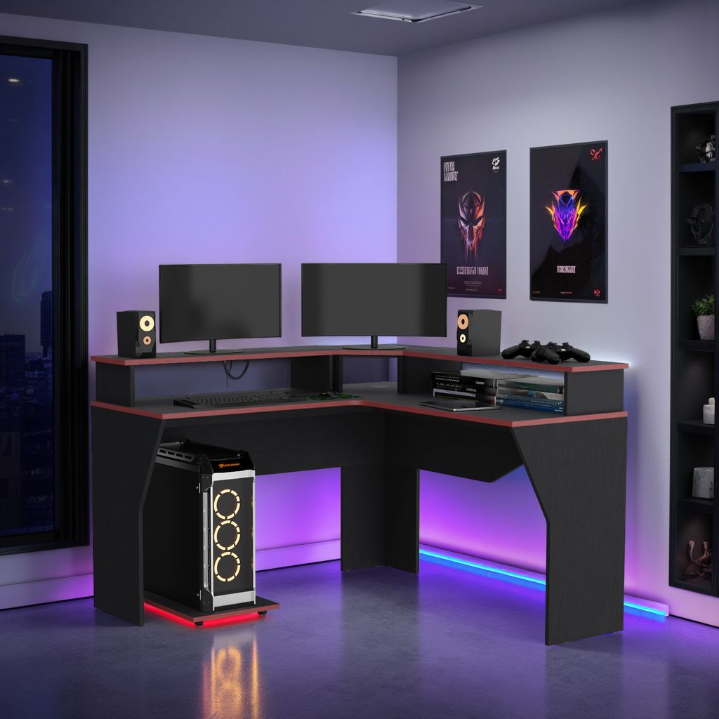 Escritorio Gamer Invictor, Wengue y Rojo, con Espacio Adicional para Pantallas