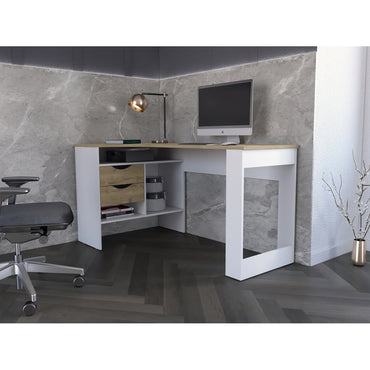 Escritorio Noah, Macadamia y Blanco Marquez, con dos cajones