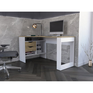 Escritorio En L Dos Cajones Fm 043C Café Claro Y Blanco