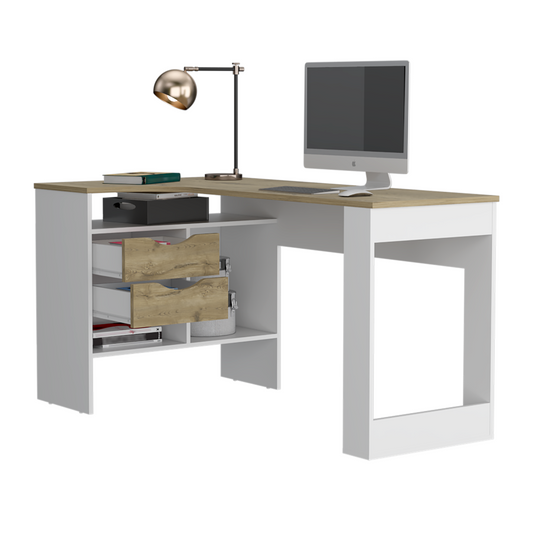 Escritorio Noah, Macadamia y Blanco Marquez, con dos cajones