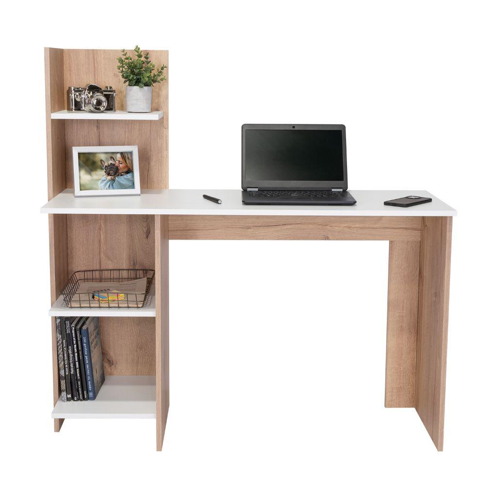 Escritorio Con Biblioteca Cuatro Repisas FM 066C, Café Claro Y Blanco