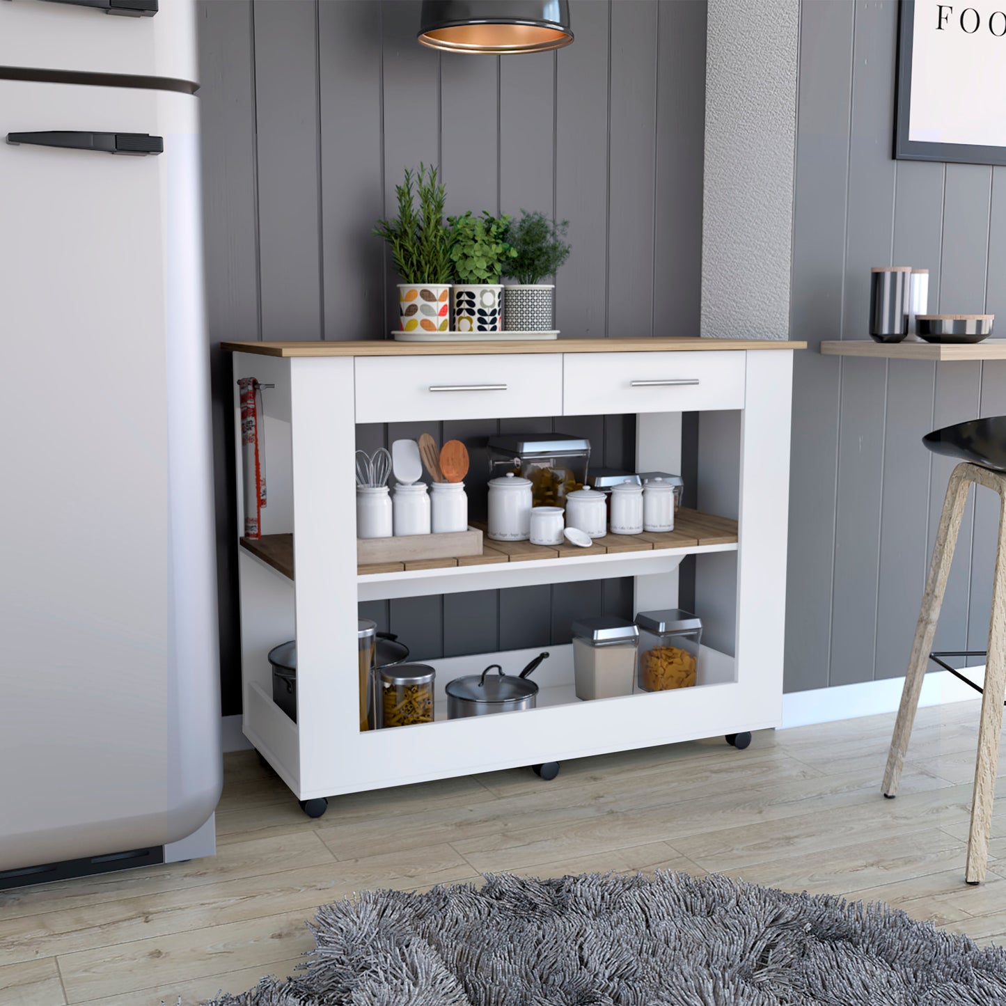 Mesa De Cocina Cala, Blanco y Macadamia, con cajones y entrepaños para colocar objetos de cocina