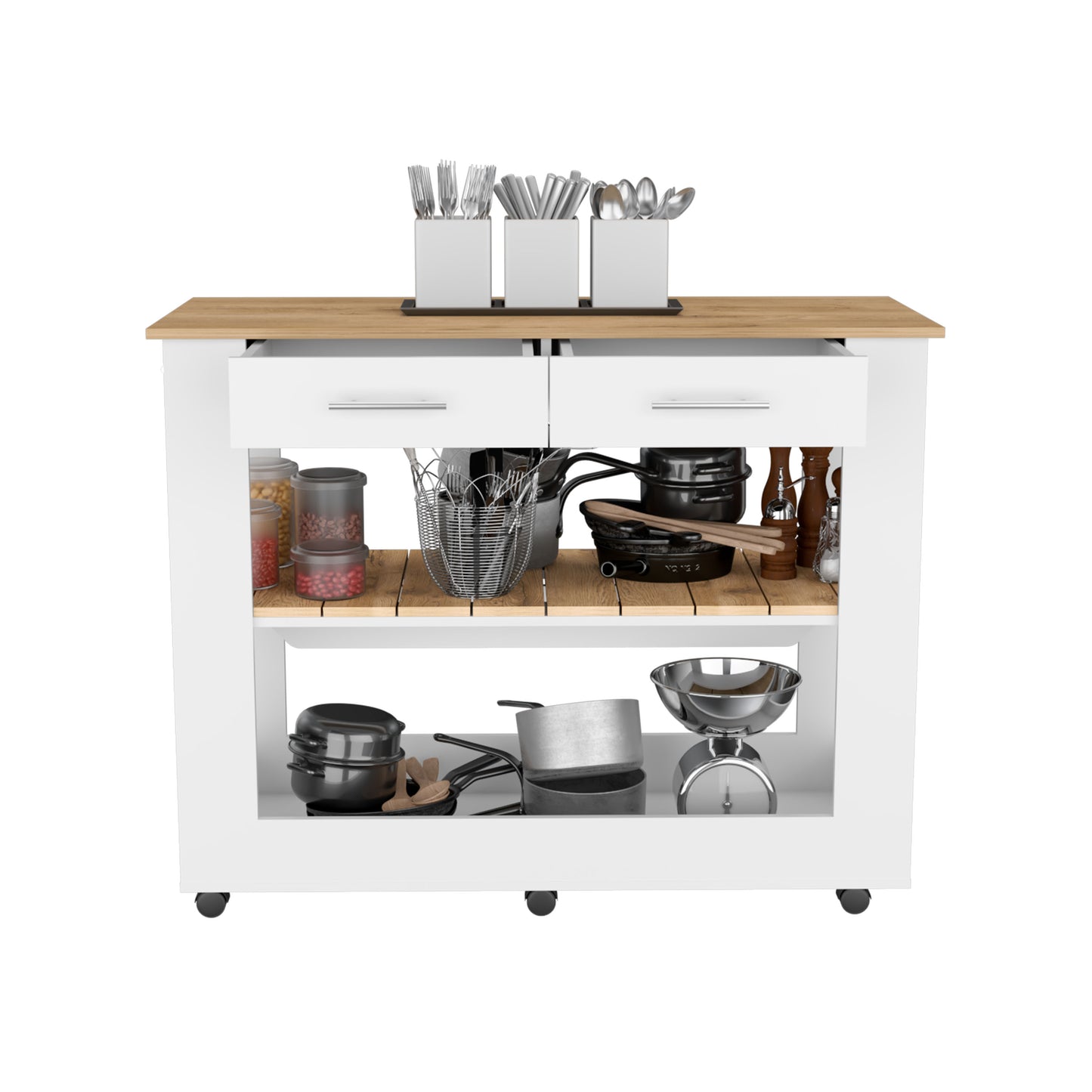 Mesa De Cocina Cala, Blanco y Macadamia, con cajones y entrepaños para colocar objetos de cocina