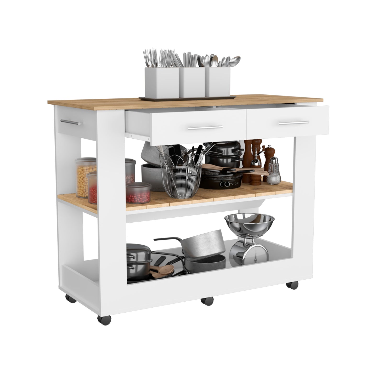 Mesa De Cocina Cala, Blanco y Macadamia, con cajones y entrepaños para colocar objetos de cocina