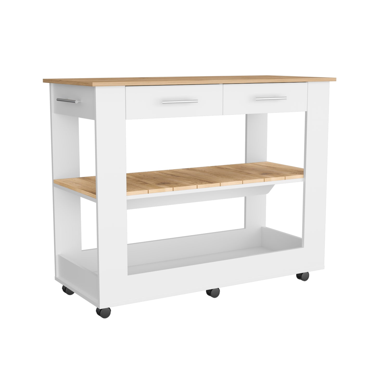 Mesa De Cocina Cala, Blanco y Macadamia, con cajones y entrepaños para colocar objetos de cocina