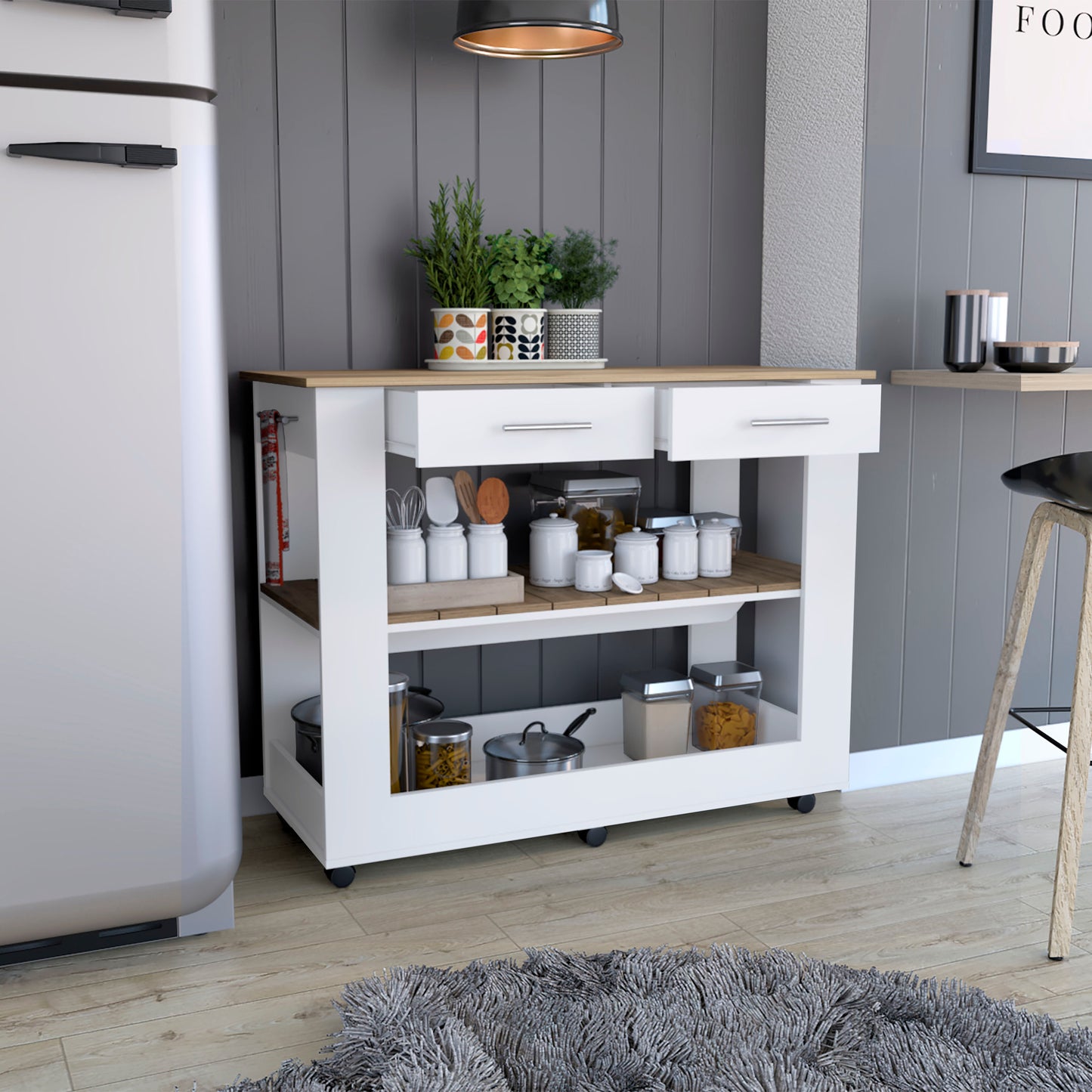 Mesa De Cocina Cala, Blanco y Macadamia, con cajones y entrepaños para colocar objetos de cocina