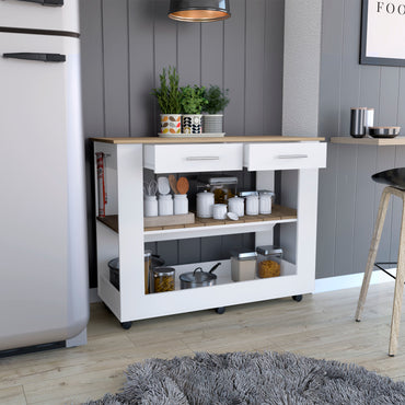 Mesa De Cocina Cala, Blanco y  Macadamia, con cajones y entrepaños para colocar objetos de cocina