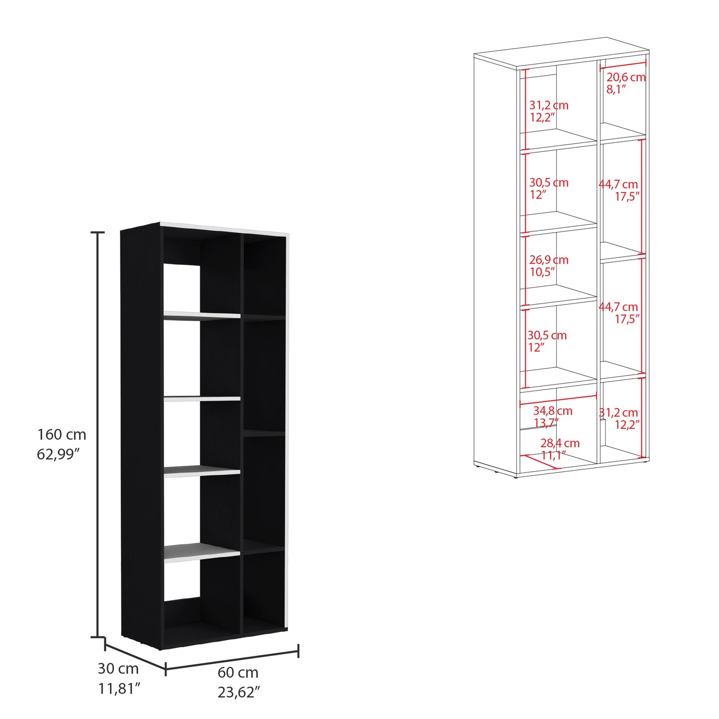 Biblioteca Rookie, Blanco y Wengue, con múltiples entrepaños para colocar objetos