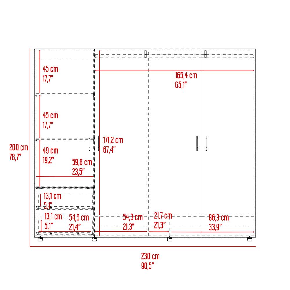 Closet Light 230, Blanco Duqueza y Fresno Europeo, con dos cajones y cuatro puertas