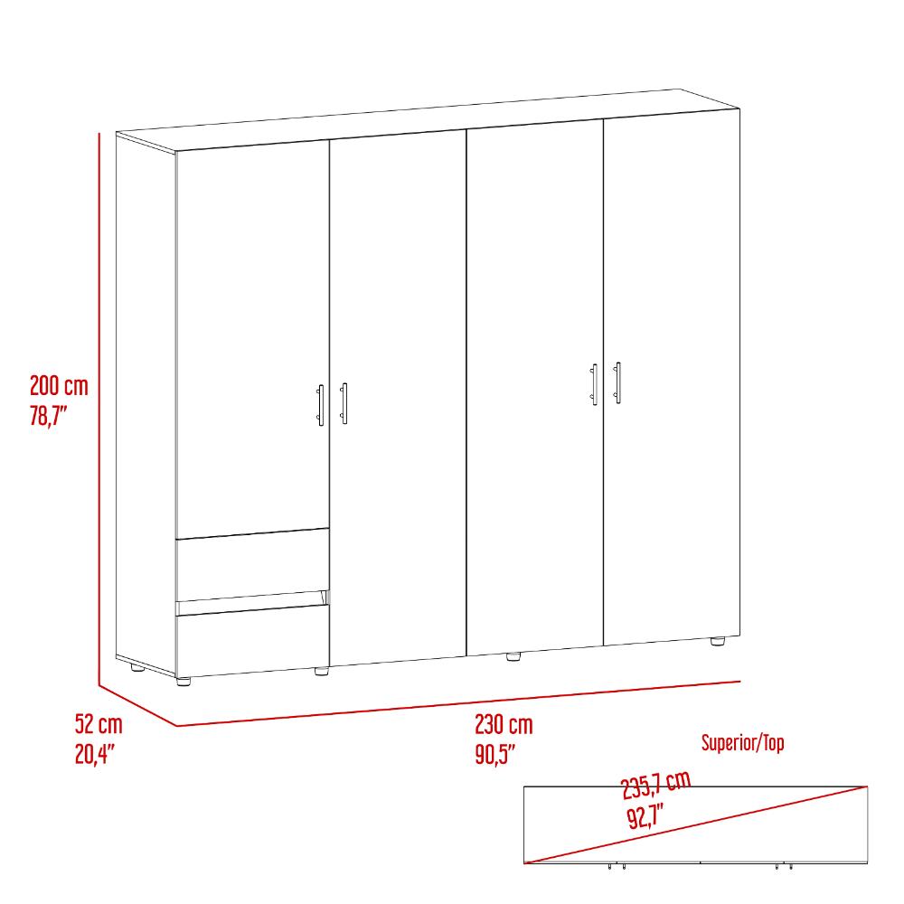 Closet Light 230, Blanco Duqueza y Fresno Europeo, con dos cajones y cuatro puertas