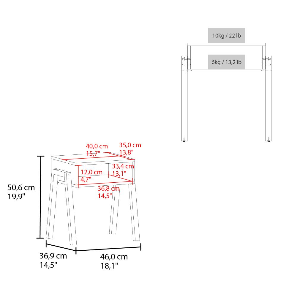 Velador Pinetti, Blanco Duqueza, con un entrepaño para guardar objetos y diseño minimalista
