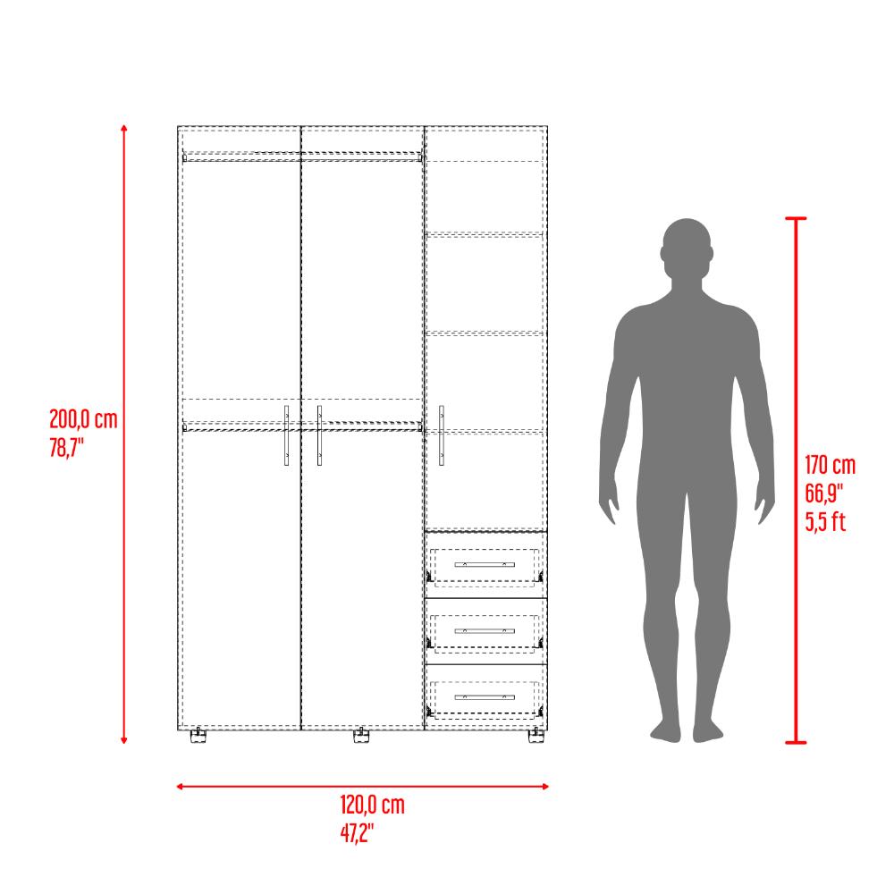 Closet Alen, Fresno Europeo Y Blanco Duqueza, Con tres puertas abatibles, tres cajones y dos tubos cromados