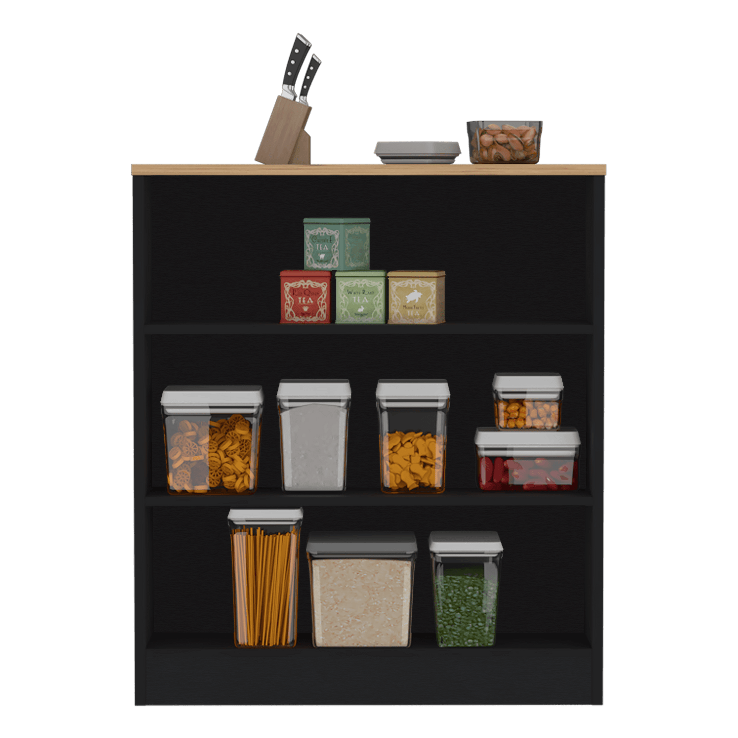 Barra de Cocina Mayer, Wengue y Macadamia, con tres entrepaños para ubicar vasos y frascos