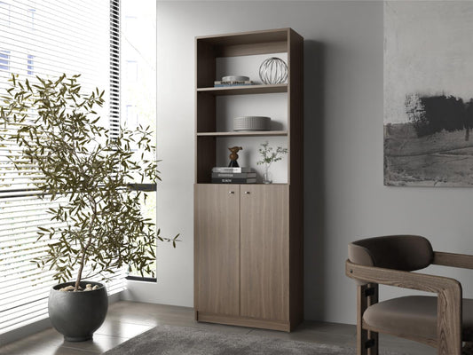 Biblioteca Estante Dos Puertas Cuatro Repisas, Café Oscuro Y Blanco