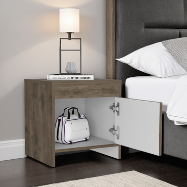 Velador Tutto, Nogal y Blanco, con Cajón Para Guardar Objetos Ideal Para Espacios Reducidos