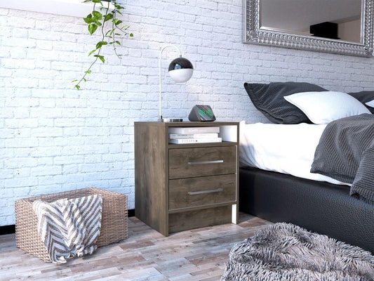 Velador Douglas, Nogal y Blanco, con Un Entrepaño Superior y Dos Cajones Organizadores