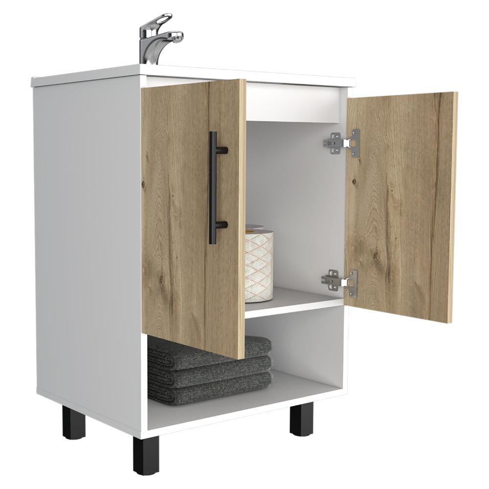 Mueble Lavamanos Bath BI, Blanco y Duna, con dos puertas batientes y variedad de entrepaños
