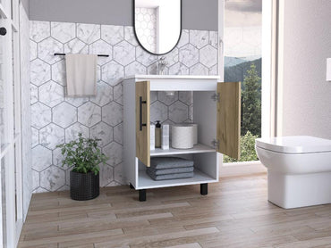 Mueble Lavamanos Bath BI, Blanco y Duna, con dos puertas batientes y variedad de entrepaños