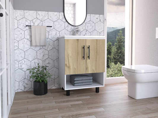 Mueble Lavamanos Bath BI, Blanco y Duna, con dos puertas batientes y variedad de entrepaños