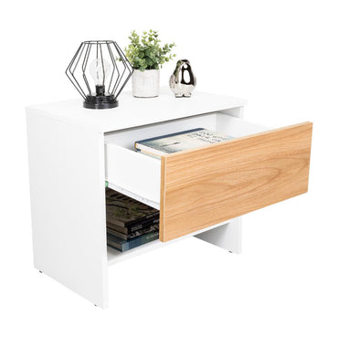 Mesa de Noche Light, Fresno Europeo y Blanco, con superficie para objetos decorativos