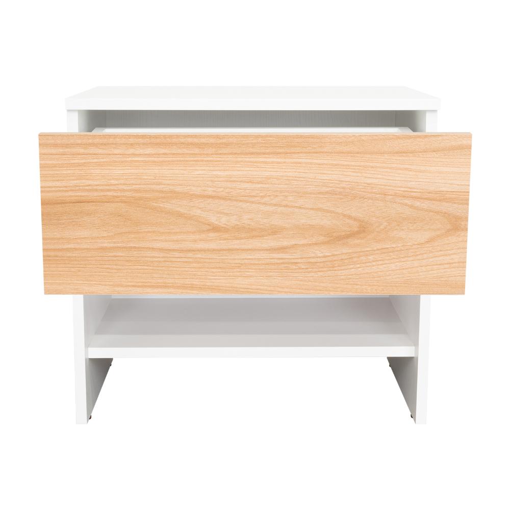 Mesa de Noche Light, Fresno Europeo y Blanco, con superficie para objetos decorativos