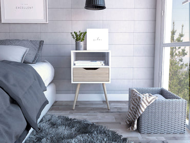 Velador Un Cajon, FM Furniture 015B, Blanco Y Café Claro