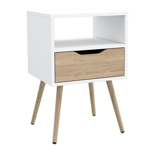 Velador Un Cajon, FM Furniture 015B, Blanco Y Café Claro