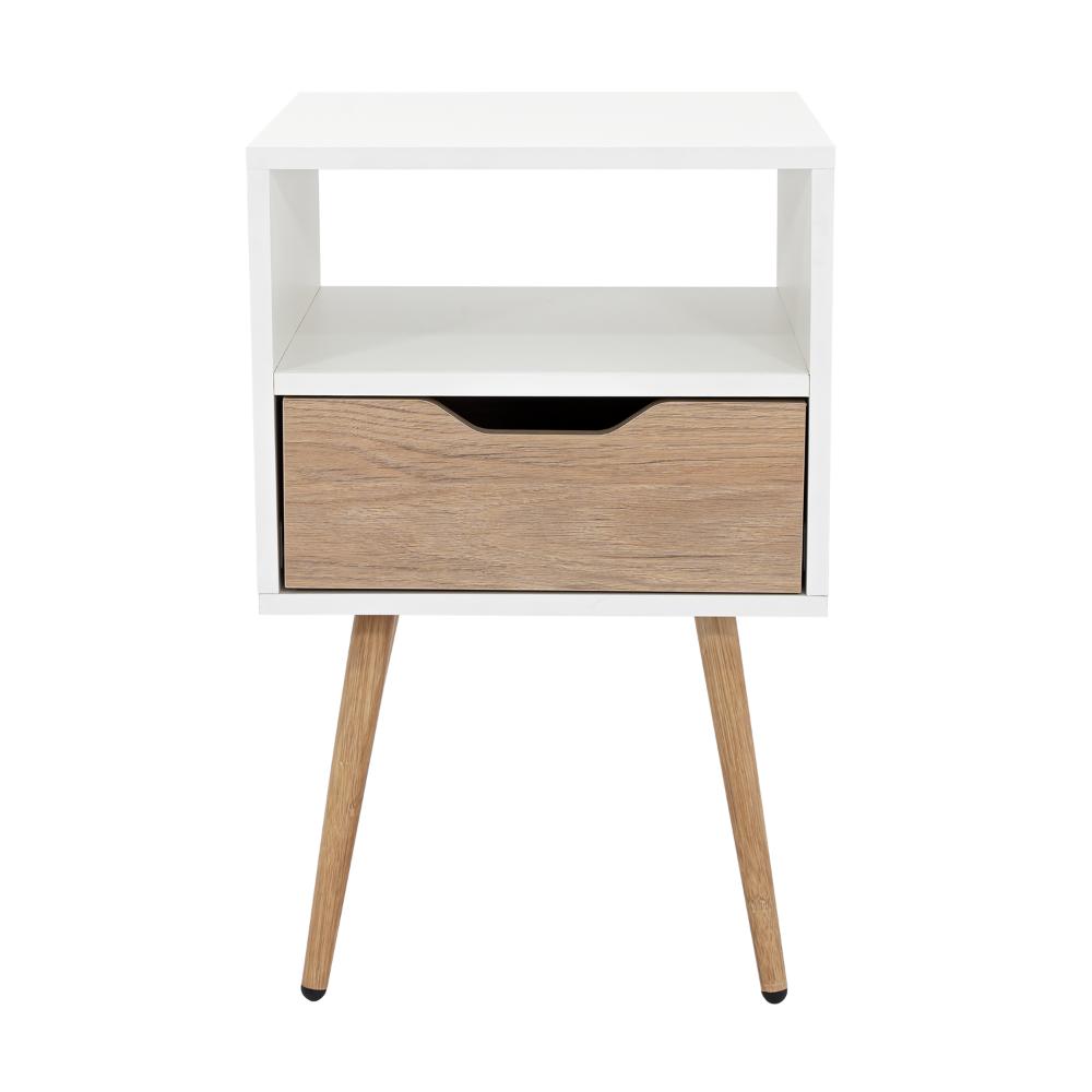 Mesa de Noche Alesio, Blanco y Beige, con Un Cajón