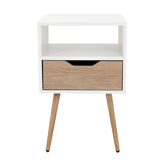 Velador Alesio, Blanco y Rovere, con Patas cortas en Madera y un Cajón