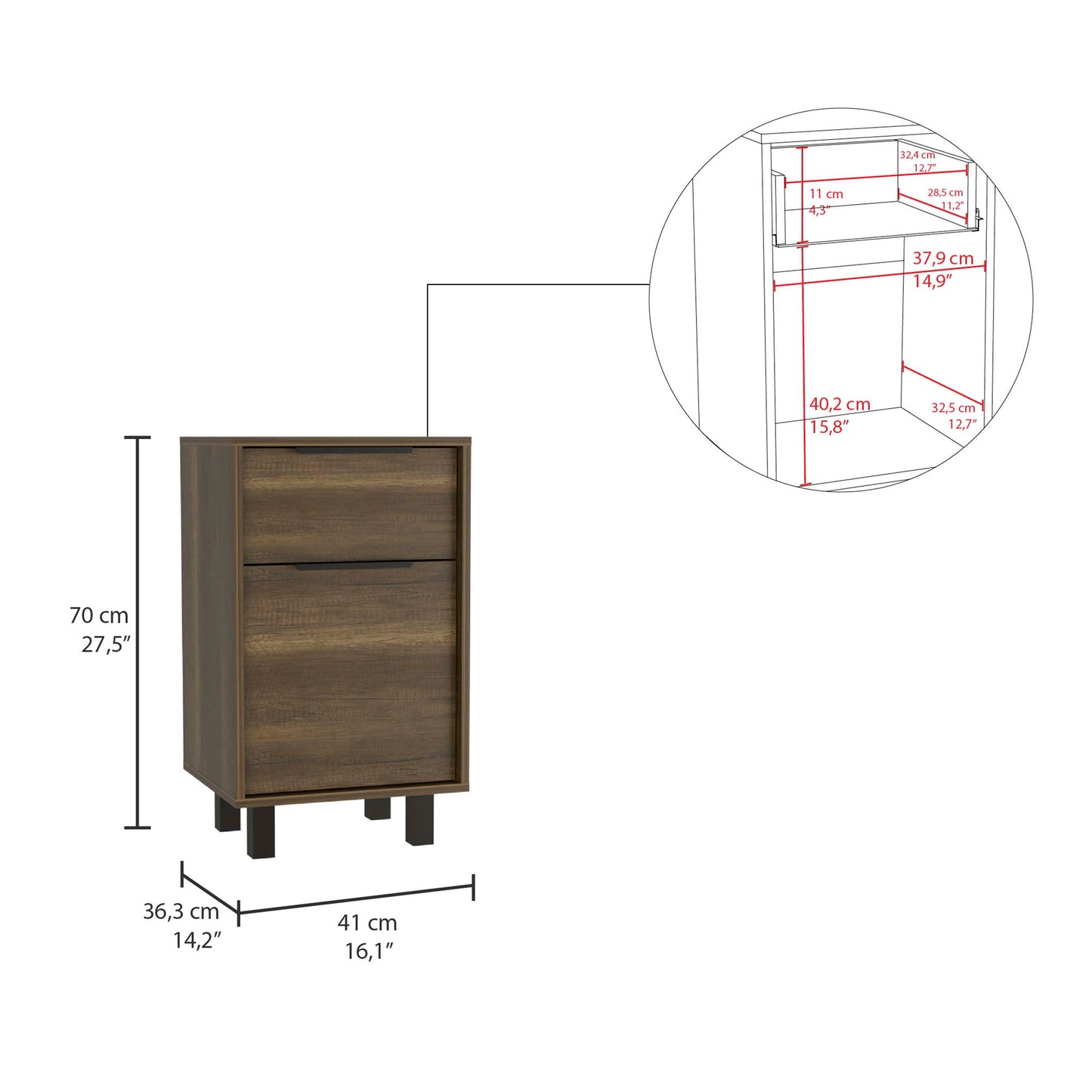 Velador Con Un Cajon Y Una Una Puerta , FM Furniture, Café Oscuro