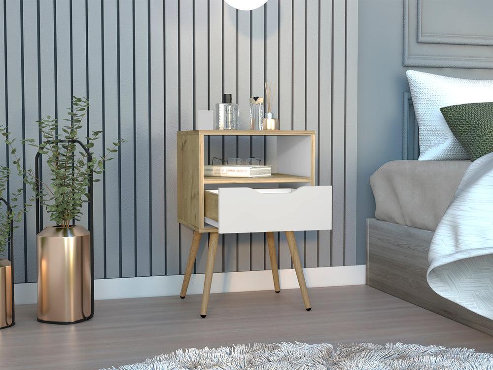 Velador Un Cajón, FM Furniture 015C, Café Claro Y Blanco