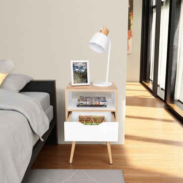 Velador Alesio, Café Claro y Blanco, con Patas en Madera y un Cajón