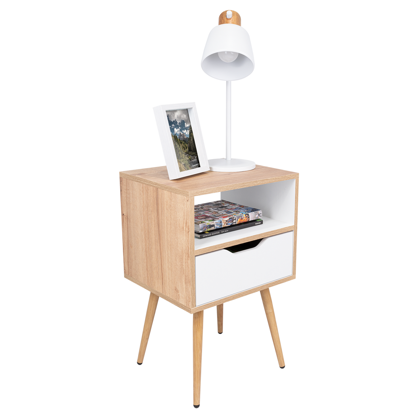 Velador Alesio, Café Claro y Blanco, con Patas en Madera y un Cajón